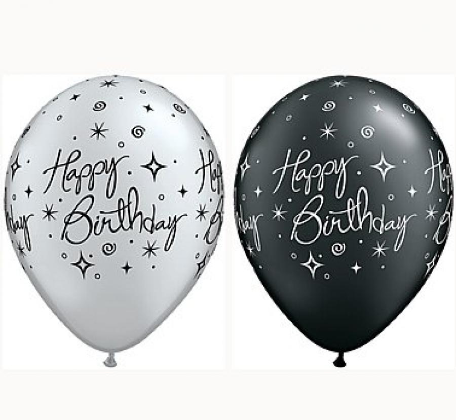Latexblöðrur Happy birthday. svart silfur. 25 stk
