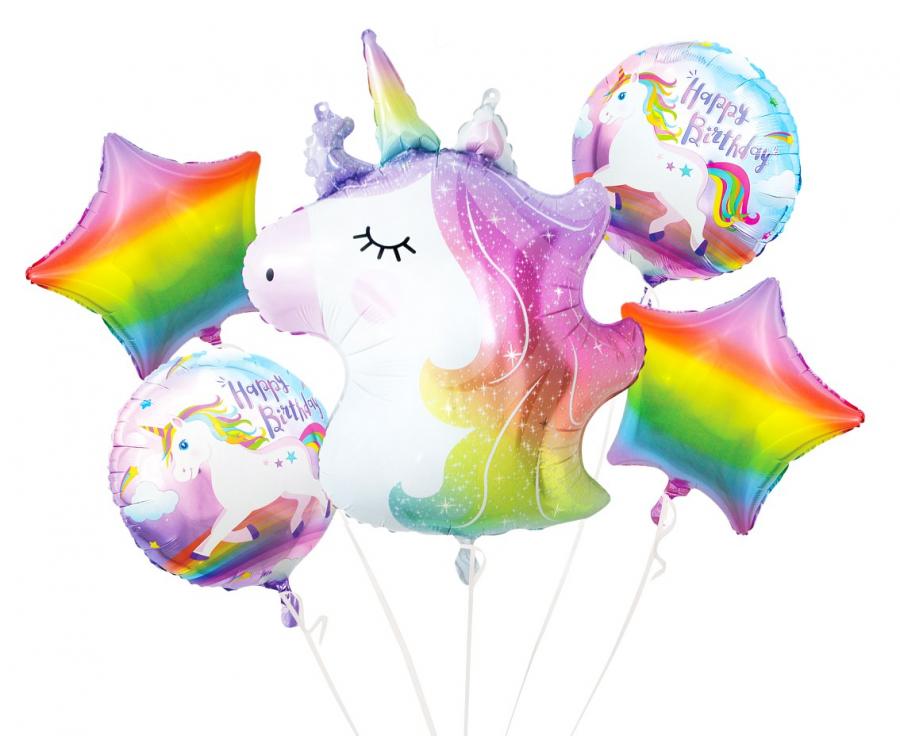 Álblöðrur Einhyrningur, regnbogastjörnur og Happy Birthday. 45cm og 60 cm.