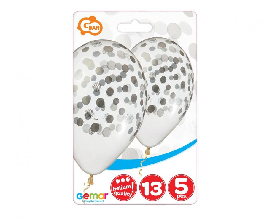 Latexblöðrur. Glærar með silfur confetti mynstri. 5 stk. 33 cm.