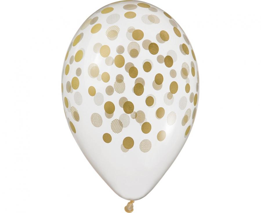 Latexblöðrur. Glærar með gull confetti mynstri. 5 stk. 33 cm.
