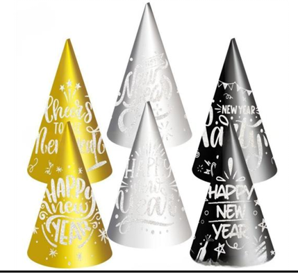 Strýtuhattar Happy New Year 2 gylltir + 2 svartir + 2 silfur