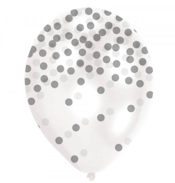 Latexblöður. Silfur Confetti munstur. 6stk. 28 cm.