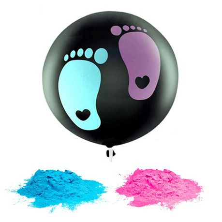 Kynjablaðra. Tásur með bleiku eða bláu confetti.