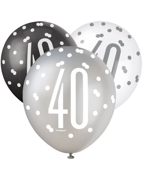 40 ára. Latexblöðrur. Svartar, gráar og hvítar. 6 stk.