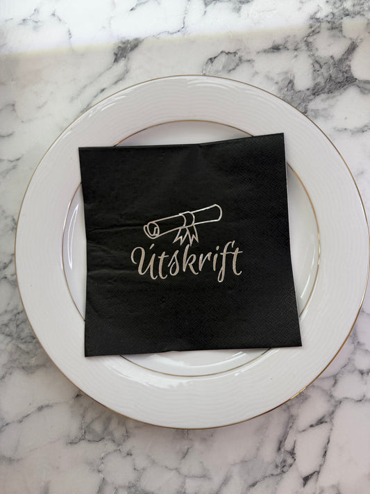 Servíettur. Útskrift. Svartar með silfur letri. 20 stk.