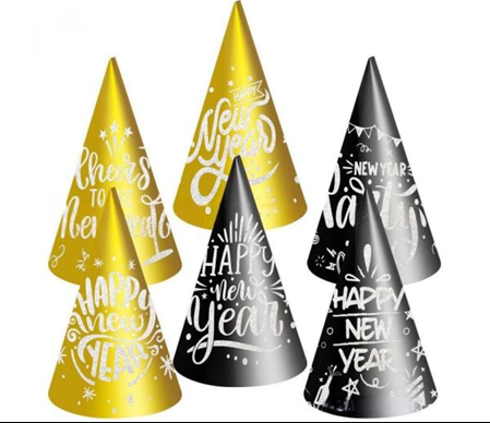 Strýtuhattar Happy New Year 3 gylltir + 3 svartir