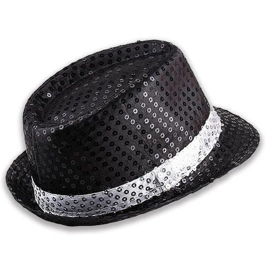 Svartur Fedora hattur með hvítu bandi. Pallíettu